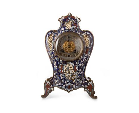 FRENCH BRASS AND CHAMPLEVE ENAMEL MANTLE CLOCK, CIRCA 1889 with twin train eight day movement by S. Marti, striking on a coil