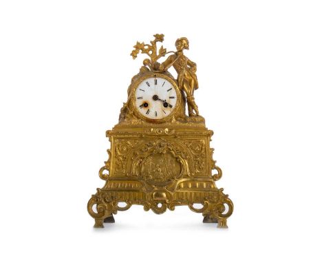 FRENCH GILT METAL FIGURAL MANTEL CLOCK, LATE 19TH CENTURY  the twin train movement signed RICHOND F PARIS, striking on a bell