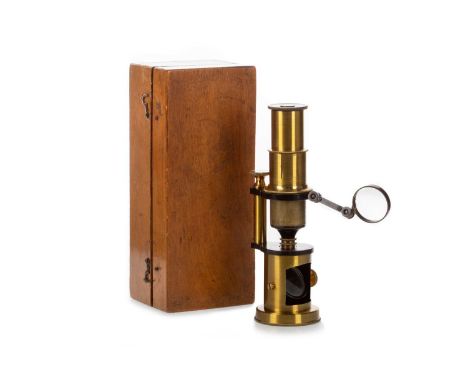 STUDENT'S BRASS MONOCULAR MICROSCOPE, MID 20TH CENTURY unmarked, in fitted wood case17.5cm wide