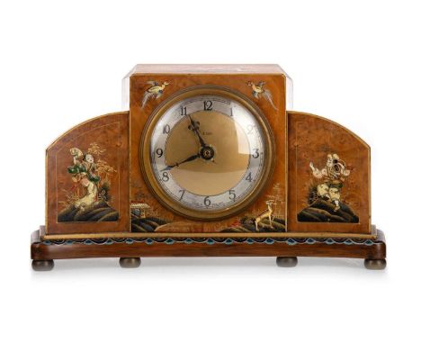 ART DECO CHINOISERIE MANTLE CLOCK, EARLY 20TH CENTURY movement converted to battery, gilt dial with silvered Arabic numeral c