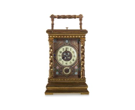 FRENCH BRASS AND ENAMEL REPEATER CARRIAGE CLOCK, LATE 19TH CENTURY with twin train eight day movement double-striking on a co