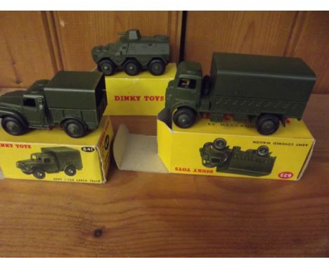 Three Dinky army vehicles, boxed