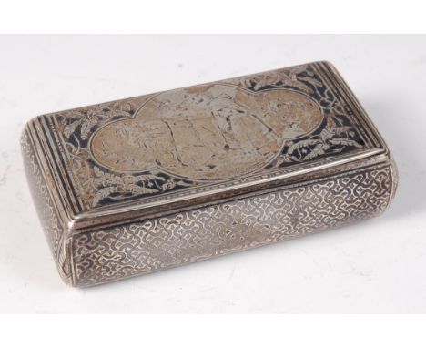 A 19th century continental silver and niello snuff-box, the hinged cover decorated with a reserve of figure landscape scene (