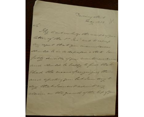 DERBY, Earl of 1799-1869, signed letter, 2 pages, May 1852 from Downing Street to Revd. R. Jones; GLADSTONE William E., signe