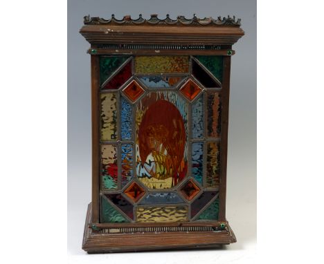 A circa 1900 brass framed, leaded, glazed and stained glass hanging ceiling light pendant, each central panel having oval por