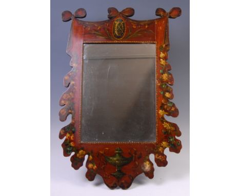 A Sheraton Revival painted mahogany easel dressing table mirror, the rectangular plate within a shaped surround, h.67cm, w.43