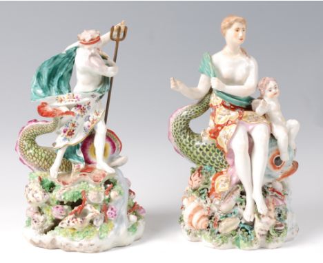 A pair of 18th century Derby porcelain figures of Venus and Neptune, each decorated in bright enamels, heightened in gilt, wi