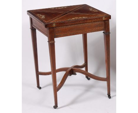 A Sheraton Revival rosewood and inlaid envelope card table, each section with Arabasque influenced penwork ivory and satinwoo