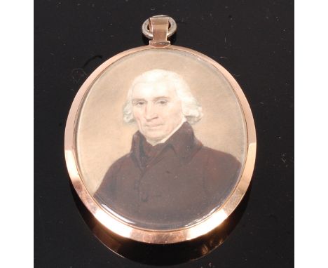 Early 19th century English school - Head and shoulders portrait miniature of a gentleman, watercolour on ivory, unsigned, hou