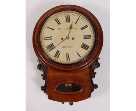 Henry Vernon Jnr of Alnwick, Victorian fruitwood and beech case droptrunk wall clock, having a signed white enamel dial, twin