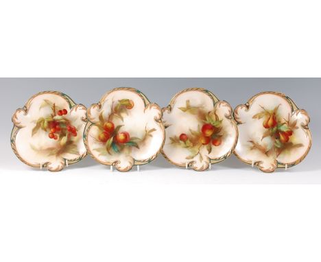 A set of four Royal Worcester Hadley ware dessert plates, each of triform, enamel decorated with fruiting branches within rai