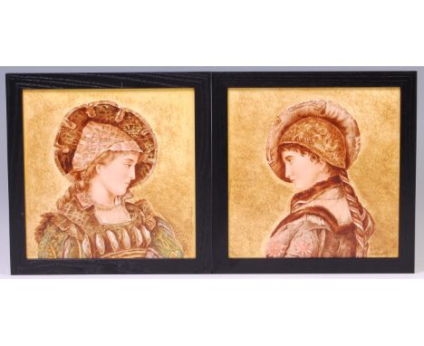 A pair of Minton Hollins & Co pottery tiles, each hand-painted with bust portrait of a maiden wearing a hat and with plaited 