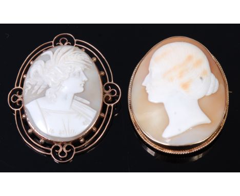 A circa 1900 carved shell cameo brooch, depicting profile portrait of a maiden, in 9ct gold openwork mount, max dimensions 5.