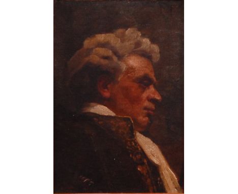 19th century English school - Profile portrait of a gentleman wearing a silk ruff, oil on canvas, 24 x 16.5cm    Condition Re
