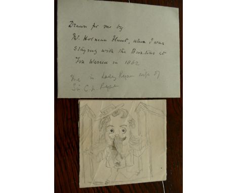 HUNT, William Holman 1827-1819, a comic pencil sketch of a boy, on an 8x16cm sheet folded to approx 8cm square, eyes and tong
