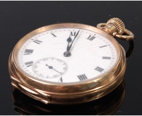 A gents 9ct gold cased open faced pocket watch, the white enamel dial with subsidiary seconds dial, keyless movement, gold in