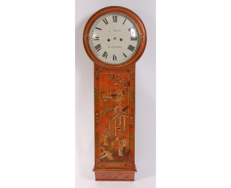 A late 18th century chinoiserie red lacquered Act of Parliament clock, the 14" white enamel dial signed J Bates, Huddersfield