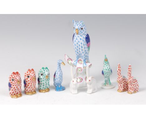 A collection of Herend porcelain small animal ornaments, to include; large owl upon a branch, pair of smaller owls and one ot