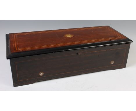 A late 19th century rosewood, satinwood strung and mother of pearl inlaid Swiss music box, having an 11" cylinder and playing