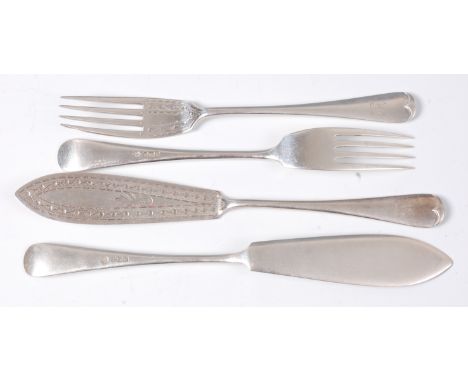 A set of six Edwardian silver fish knives and forks, each in the Hanoverian pattern with crested terminals and bright cut eng