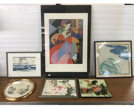 Four Japanese prints, a Picasso print and a printed plaque