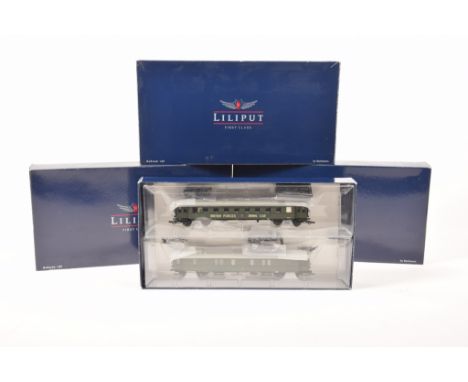 Four boxed Lilliput by Bachmann British Military twin coach setsNo's. L350041, 2x L350081, L350041.