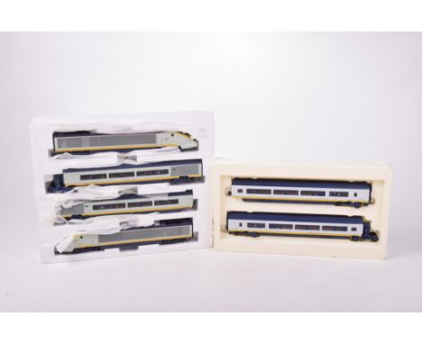 A Hornby '00' gauge Eurostar set In Polystyrene packaging comprising diesel locomotive and dummy and two carriages and three 