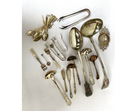 Assorted silver and silver plated flatware, including a plated fiddle pattern soup ladle and matching basting spoon, also var