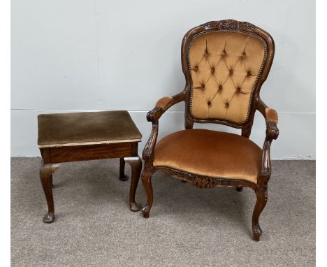 A Victorian style button upholstered easy chair, with padded arms and cabriole legs; also a piano stool with compartment and 