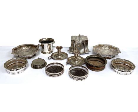 A Victorian silver plated tea caddy, with ornate scrolled decoration, a hinged lid and beaded base, 17cm high; together with 