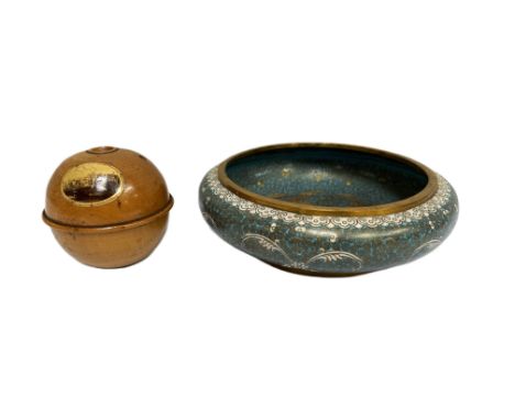 A Chinese cloisonn&eacute; bowl, with stylised decoration on a light blue ground, four character mark to base, 20cm diameter;