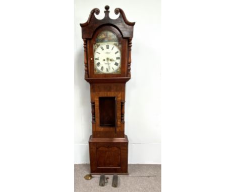 A mahogany eight day longcase clock, signed J. Spittell, Whitehaven, in a swan necked case,   the dial painted with landscape