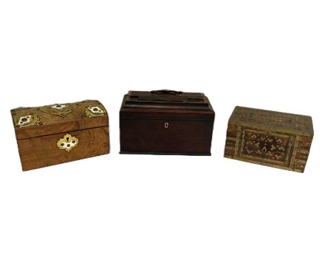 A Victorian walnut tea caddy, with Gothic brass and ivory mounts, fitted with two canisters; also a George III mahogany tea c