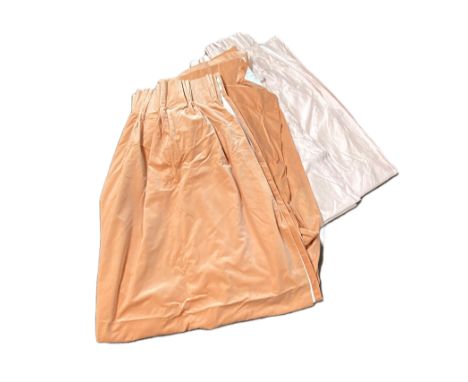 Four assorted pairs of curtains, including a pair in light pink &lsquo;silk&rsquo;, and a pair with floral decoration on a cr