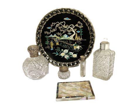 Assorted silver topped glass dressing table bottles, also a mother of pearl mounted card case (5)