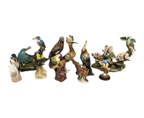 A collection or ceramic figures of birds, including a Goebel porcelain figure of a Jay; also two wood peckers; a brace of Hoo