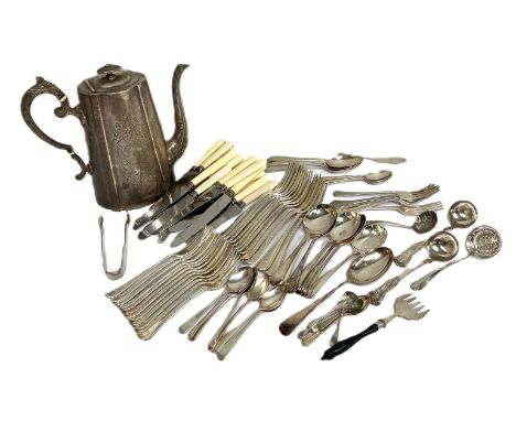 A mixed lot of assorted silver plated flatware, including sifter spoons, a bread fork, also a coffee pot and similar (a lot)