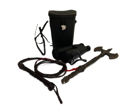 A pair of Revue 8x56 field binoculars, cased; together with a leather whip and a novelty Battle Axe (3)