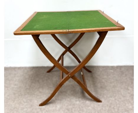 A small vintage folding card table, with retail label by Asprey, New Bond Street, London, with baize lined top, 66cm wide