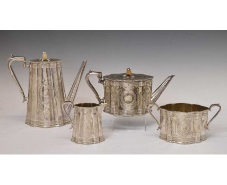 Victorian four-piece silver tea and coffee service of shaped oval form comprising teapot, coffee pot, twin-handled sugar bowl