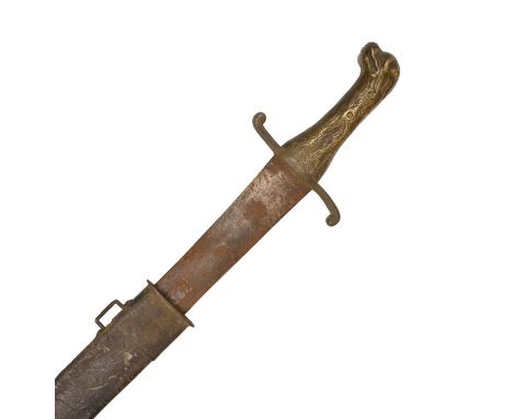 Early 19th century French short-sword, broad double-edged fullered blade 60cm, brass hilt with recurved guard and otters head