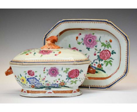 Good late 18th century Chinese export porcelain covered tureen and a dish, Qianlong, (1736-1795), each decorated in Canton Fa