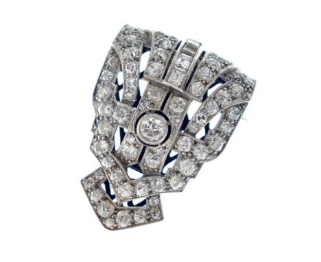 Art Deco diamond dress clip brooch, round brilliant and mixed step cut channel set diamonds, the principal round brilliant cu