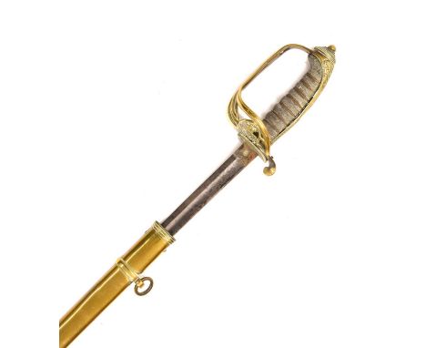 Victorian 1822 pattern officers levee sword, slim 32" blade etched with scrolling foliage crowned cyphers, regulation brass G