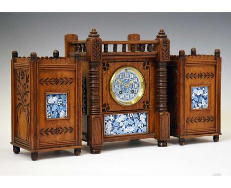 J. W. Benson - late Victorian Aesthetic Movement tile-inset golden oak three-piece 'balcony' clock garniture, in the manner o