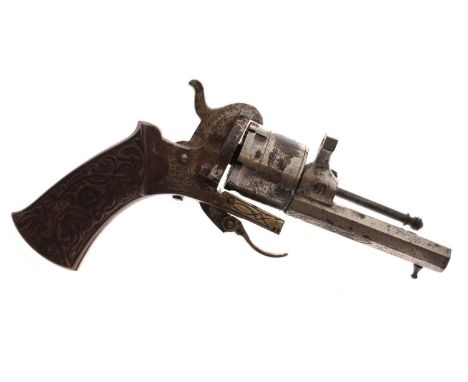 7mm six-shot Belgium pinfire revolver, 7mm sighted octagonal plated barrel and engraved plated cylinder etched 'The Guardian 