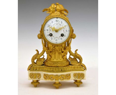 Late 19th century French gilt brass, bronze and white marble mantel clock, Samuel Marti, Paris, the 3.5-inch convex white-ena