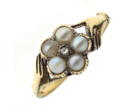 19th century pearl and diamond Claddagh-style ring, central flower head motif comprising five pearls and small rose cut diamo