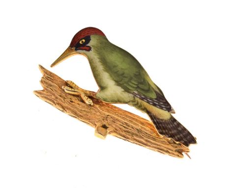 Alabaster &amp; Wilson 9ct gold and enamel woodpecker bird brooch, stamped 'A&amp;W', Birmingham, date letter indistinct, 4.5