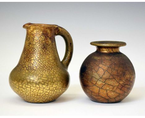 Elton Ware (Clevedon) pottery jug, ovoid form with conical neck and loop handle, covered in a gold craquelure glaze; together